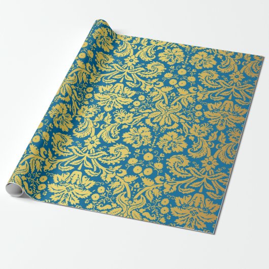 Elegant Blue en Gold Royal Damask Pattern Cadeaupapier (Uitgerold)