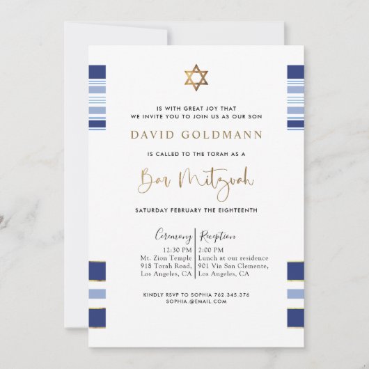 Elegant Blue en Gold Striped Tallit Bar Mitzvah I Kaart (Voorkant)