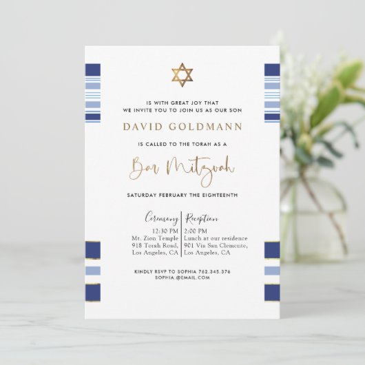 Elegant Blue en Gold Striped Tallit Bar Mitzvah I Kaart (Staand voorkant)