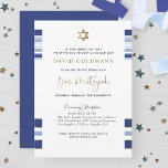 Elegant Blue en Gold Striped Tallit Bar Mitzvah I Kaart<br><div class="desc">Nodig vrienden en familie uit met deze elegante Bar Mitzvah-uitnodiging met blauw, bleek blauw, wit en gouden, gestreept design! Mogelijkheid om uw ceremonie en receptie, luncheon, diner of feestgegevens toe te voegen! Goudstrepen, Bar Mitzvah-frase en ster van David in faux gouden folie. Moderne handgeschreven kalligrafie. Stijlvol in blauw met een...</div>