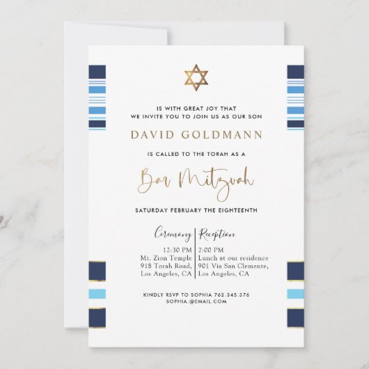 Elegant Blue en Gold Striped Tallit Bar Mitzvah Kaart (Voorkant)
