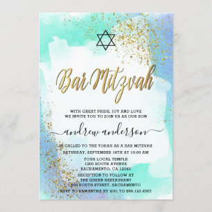 Elegant Blue en Gold Waterverf Bar Mitzvah Kaart