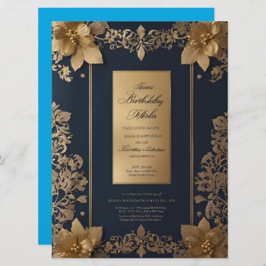 Elegant Blue en Golden Royal Invitation Kaart (Voorkant / Achterkant)