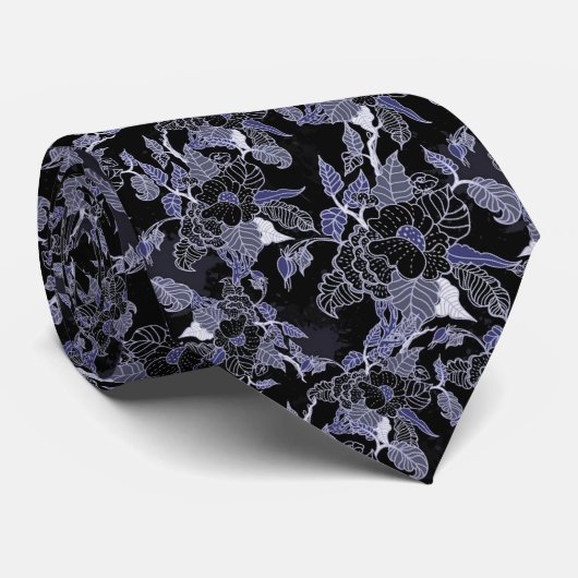 Elegant Blue en Gray Dark Floral Stropdas (Opgerold)