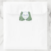 Elegant Blue en Green Forest Winter Wedding Logo Vierkante Sticker (Tas)