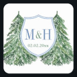 Elegant Blue en Green Forest Winter Wedding Logo Vierkante Sticker<br><div class="desc">Deze klassieke sticker is ideaal voor een trouwerij met een saaie bosgrond of een luie lodge, en is voorzien van een eenvoudig en elegant monogram met een dennenboom/saus aan beide zijden. Zou het goed werken als envelopzegels, of misschien om de producten in een trouwwelkomstpakket te "merken"? De elementen van de...</div>