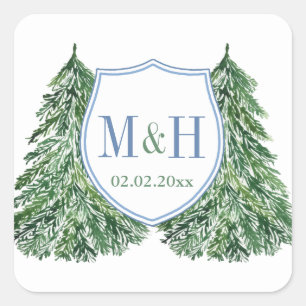Elegant Blue en Green Forest Winter Wedding Logo Vierkante Sticker