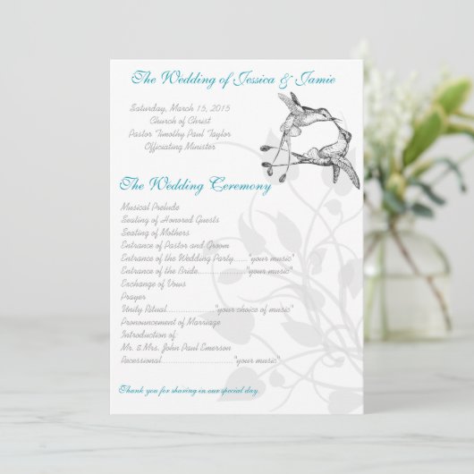 Elegant Blue en Grey Hummingbird Kiss Love Bird Programmakaart (Staand voorkant)