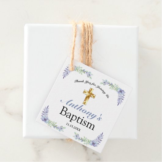 Elegant Blue en Lavender Gold Cross-Baby-baptisme Bedankjes Labels (In situ)