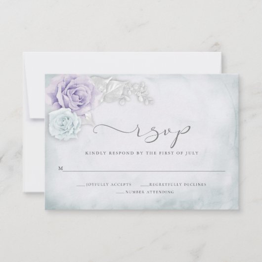  Elegant Blue en Lila Rozen RSVP Kaartje (Voorkant)