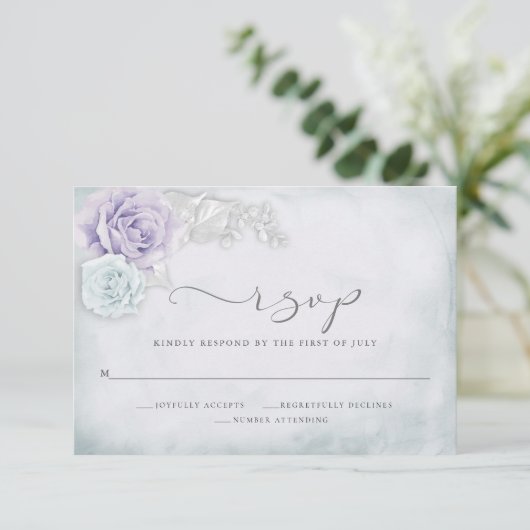  Elegant Blue en Lila Rozen RSVP Kaartje (Staand voorkant)