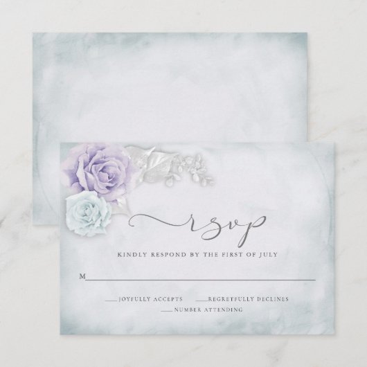  Elegant Blue en Lila Rozen RSVP Kaartje (Voorkant / Achterkant)