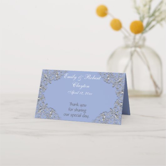 Elegant Blue en metal effect scroll bruiloft Plaatskaartje (Achterkant)