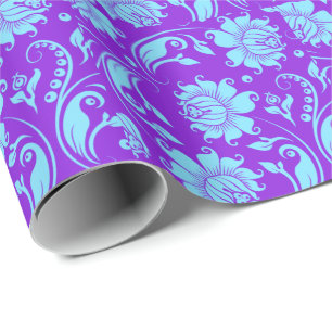 Elegant Blue en Paarse Floral Dammaskers Cadeaupapier