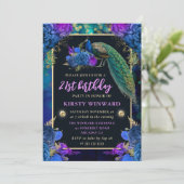 Elegant Blue en Paarse Floral Peacock Birthday Kaart (Staand voorkant)