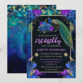 Elegant Blue en Paarse Floral Peacock Birthday Kaart (Voorkant / Achterkant)