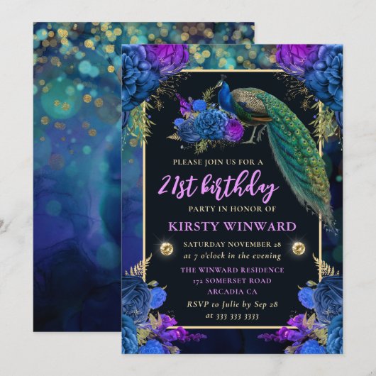 Elegant Blue en Paarse Floral Peacock Birthday Kaart (Voorkant / Achterkant)