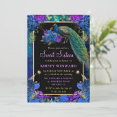 Elegant Blue en Paarse Floral Peacock Sweet 16 Kaart (Staand voorkant)