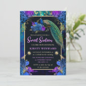 Elegant Blue en Paarse Floral Peacock Sweet 16 Kaart (Staand voorkant)