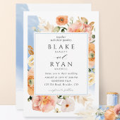 Elegant Blue en Peach Botanical Wedding Kaart