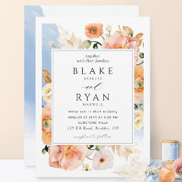 Elegant Blue en Peach Botanical Wedding Kaart