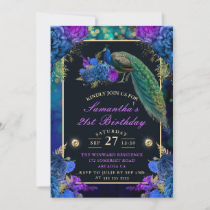 Elegant Blue en Purple Flowers Peacock Birthday Kaart