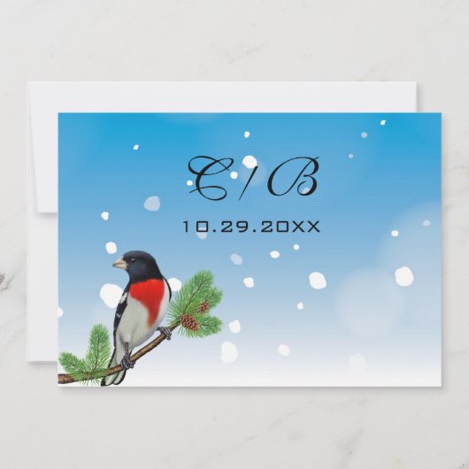 Elegant Blue en Red Bird Snow Save the Date (Achterkant)