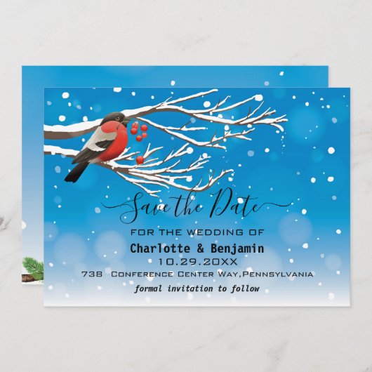 Elegant Blue en Red Bird Snow Save the Date (Voorkant / Achterkant)