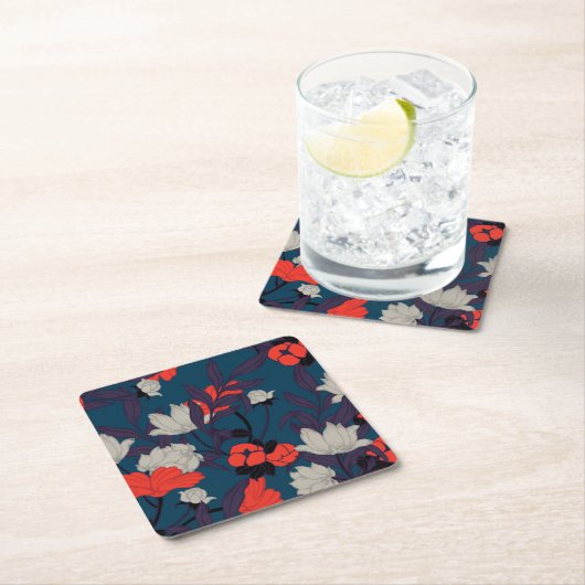 Elegant Blue en Red Floral Pattern Kartonnen Onderzetters (Insitu)