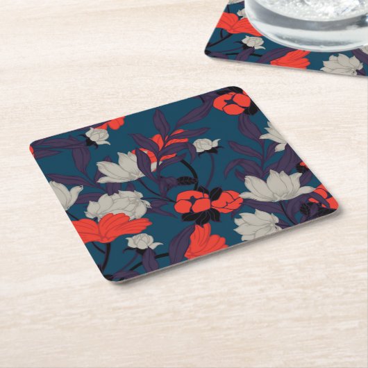 Elegant Blue en Red Floral Pattern Kartonnen Onderzetters (Schuin)