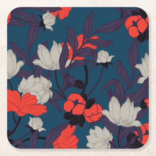 Elegant Blue en Red Floral Pattern Kartonnen Onderzetters (Voorkant)