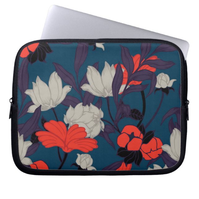 Elegant Blue en Red Floral Pattern Laptop Sleeve (Voorkant)