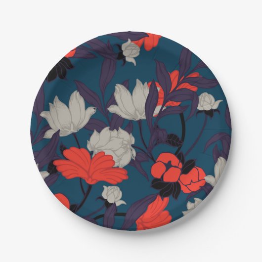 Elegant Blue en Red Floral Pattern Papieren Bordje (Voorkant)