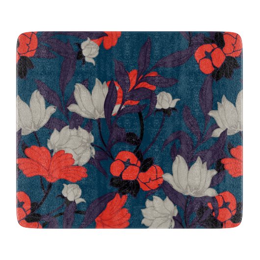Elegant Blue en Red Floral Pattern Snijplank (Voorkant)