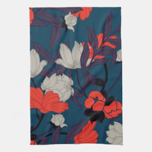 Elegant Blue en Red Floral Pattern Theedoek