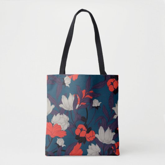 Elegant Blue en Red Floral Pattern Tote Bag (Voorkant)