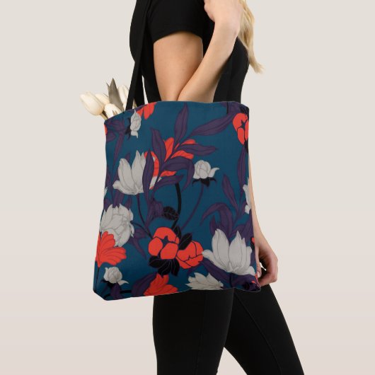Elegant Blue en Red Floral Pattern Tote Bag (Dichtbij)