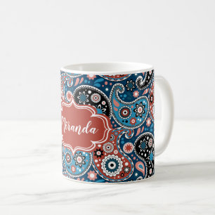 Elegant Blue en Red Paisley Print Custom Text Koffiemok