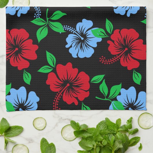 Elegant blue en Red Tropical Floral Pattern | Theedoek (Gevouwen)