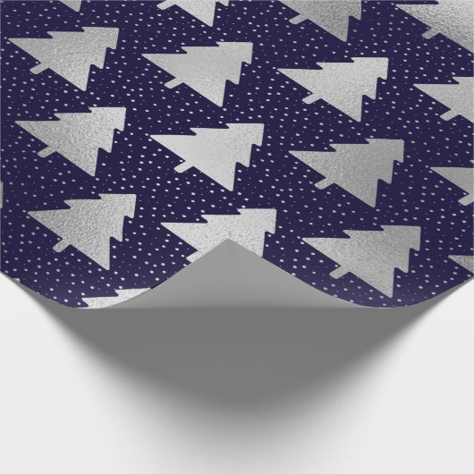 Elegant Blue en Silver Faux Folie kerstboom Cadeaupapier (Hoek)
