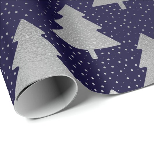 Elegant Blue en Silver Faux Folie kerstboom Cadeaupapier (Rol Hoek)