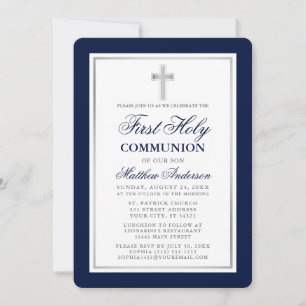 Elegant Blue en Silver First Heilige Communie Kaart