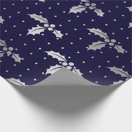Elegant Blue en Silver Foil KerstHolly Cadeaupapier (Hoek)