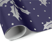 Elegant Blue en Silver Foil KerstHolly Cadeaupapier (Rol Hoek)