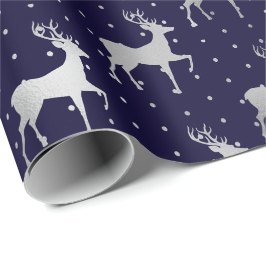 Elegant Blue en Silver Foil Reindeer Kerstmis Cadeaupapier (Rol Hoek)