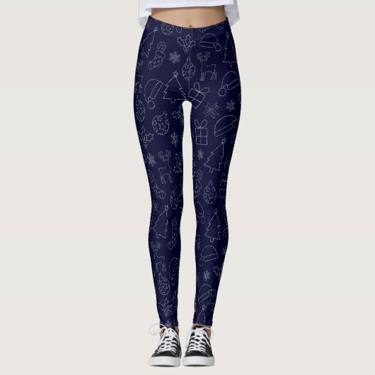 Elegant Blue en Silver Glitter-kerstpatroon Leggings (Voorkant)