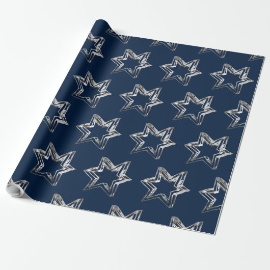 Elegant Blue en Silver-look Stars Pattern Cadeaupapier (Uitgerold)