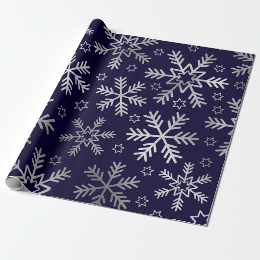 Elegant Blue en Silver Snowflakes Kerstmis Cadeaupapier (Uitgerold)