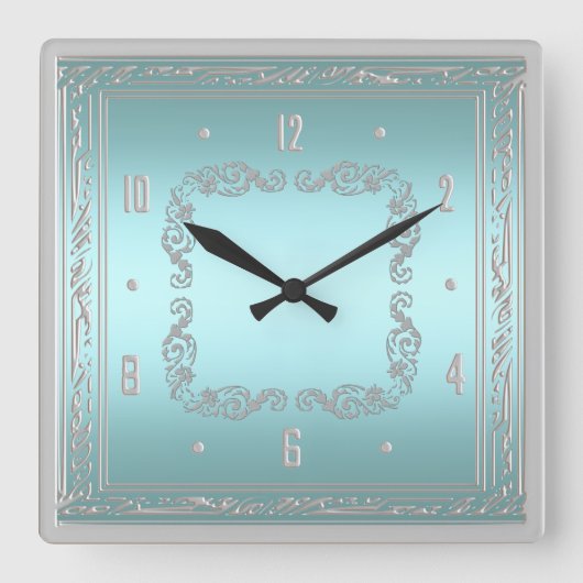 Elegant Blue en Silver Wall Clock Vierkante Klok (Voorkant)