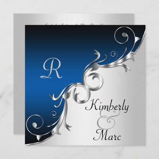 Elegant Blue en Silver Wedding Invitation Kaart (Voorkant / Achterkant)
